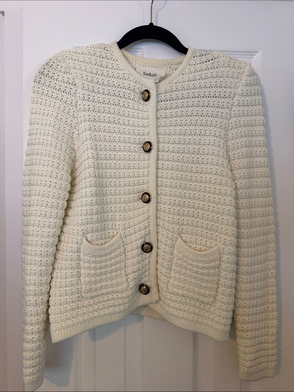 ba&sh Cream Crochet-Textured Button Cardigan